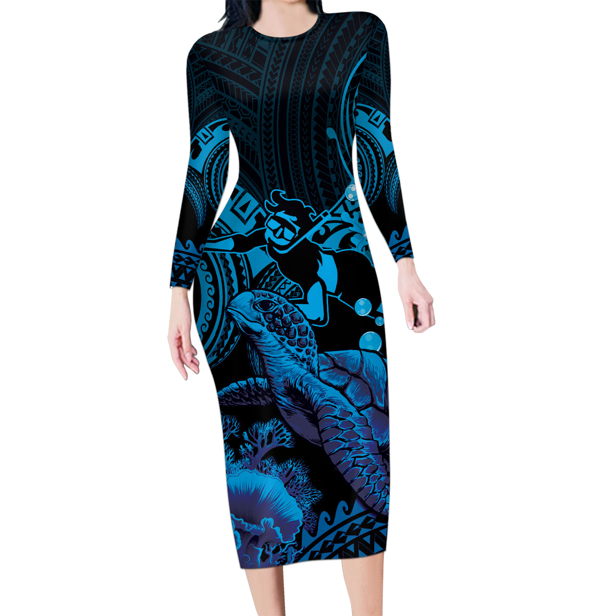 Blue Aloha Hawaii Family Matching Long Sleeve Bodycon Dress and Hawaiian Shirt Snorkeling With Sea Turtle Polynesian Pattern