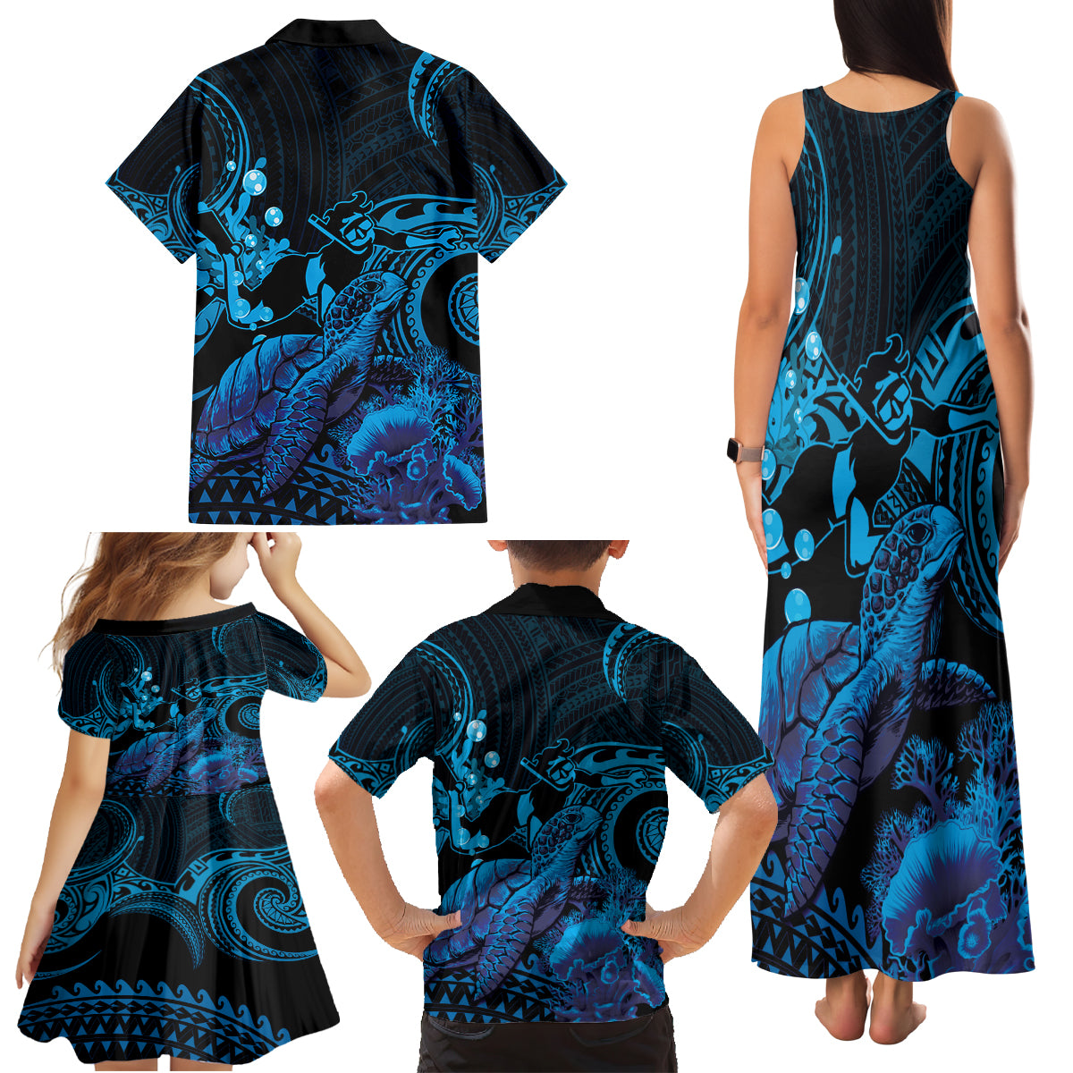 Blue Aloha Hawaii Family Matching Tank Maxi Dress and Hawaiian Shirt Snorkeling With Sea Turtle Polynesian Pattern