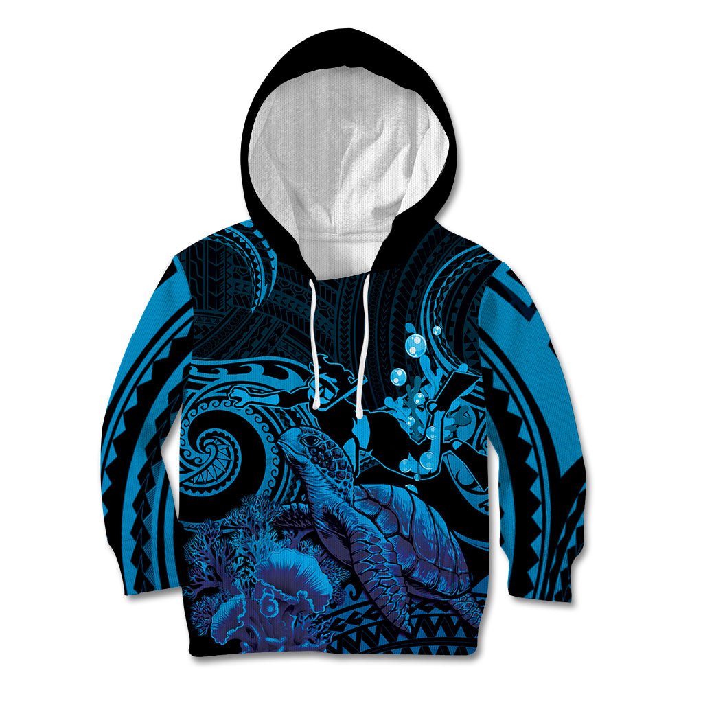 Blue Aloha Hawaii Kid Hoodie Snorkeling With Sea Turtle Polynesian Pattern
