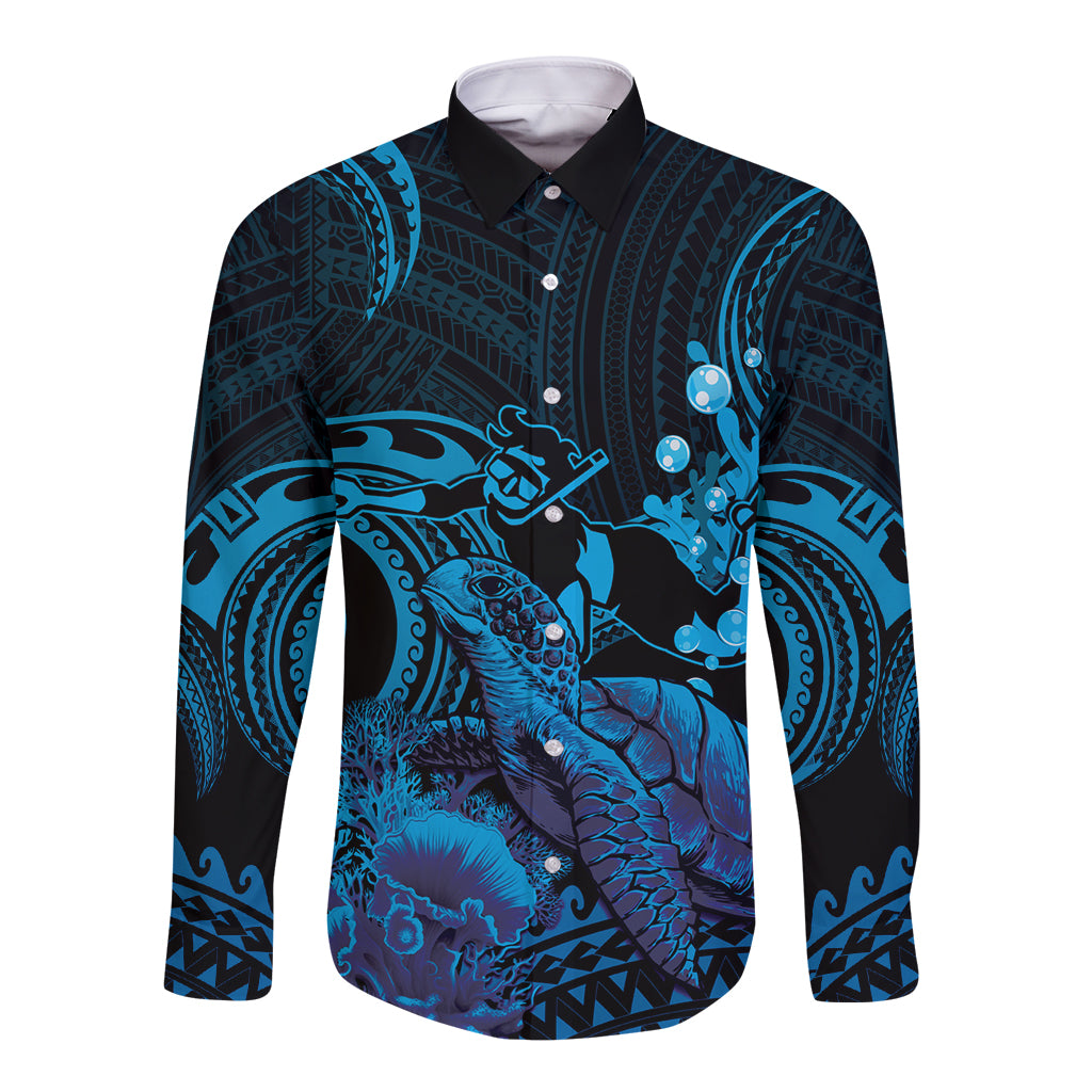 Blue Aloha Hawaii Long Sleeve Button Shirt Snorkeling With Sea Turtle Polynesian Pattern