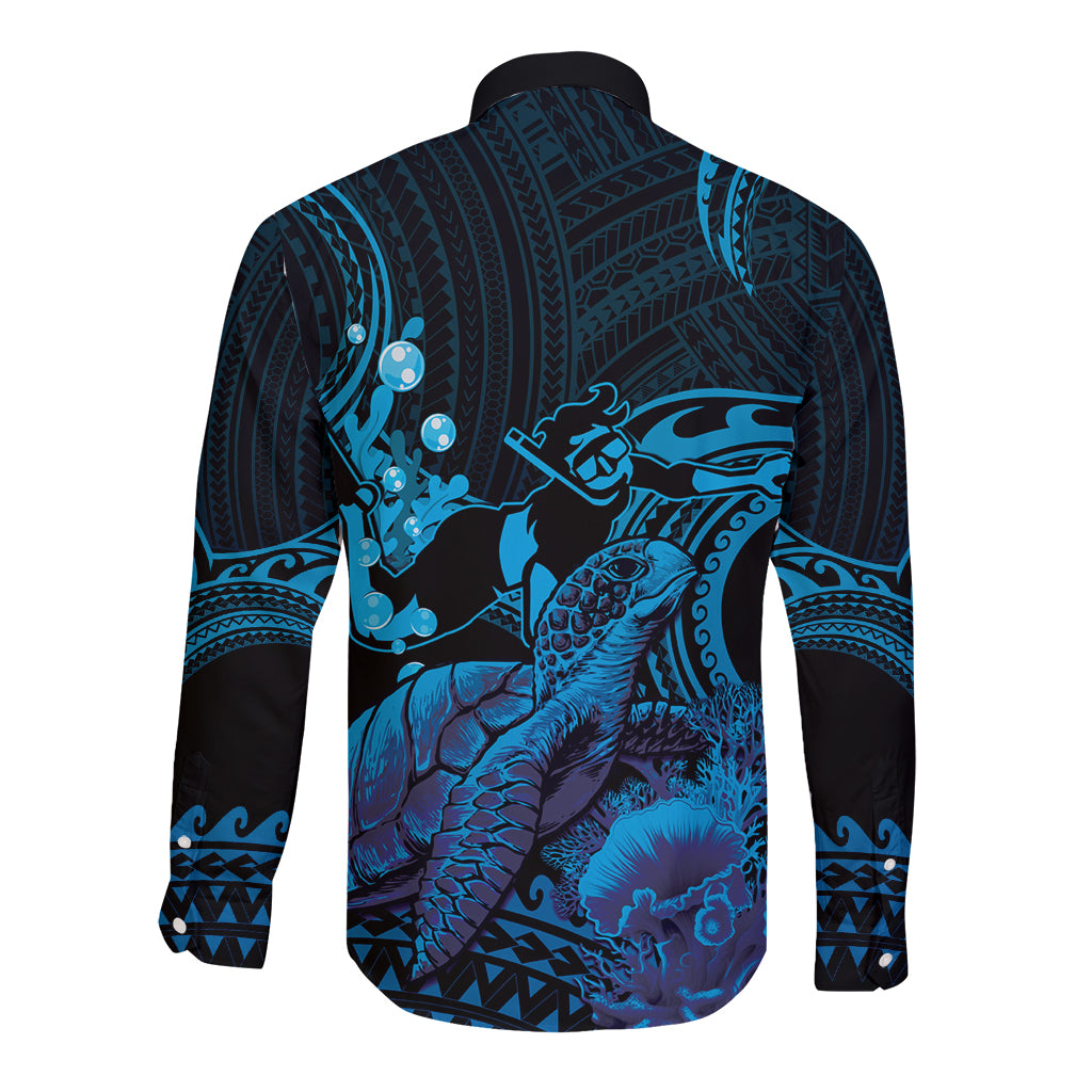 Blue Aloha Hawaii Long Sleeve Button Shirt Snorkeling With Sea Turtle Polynesian Pattern