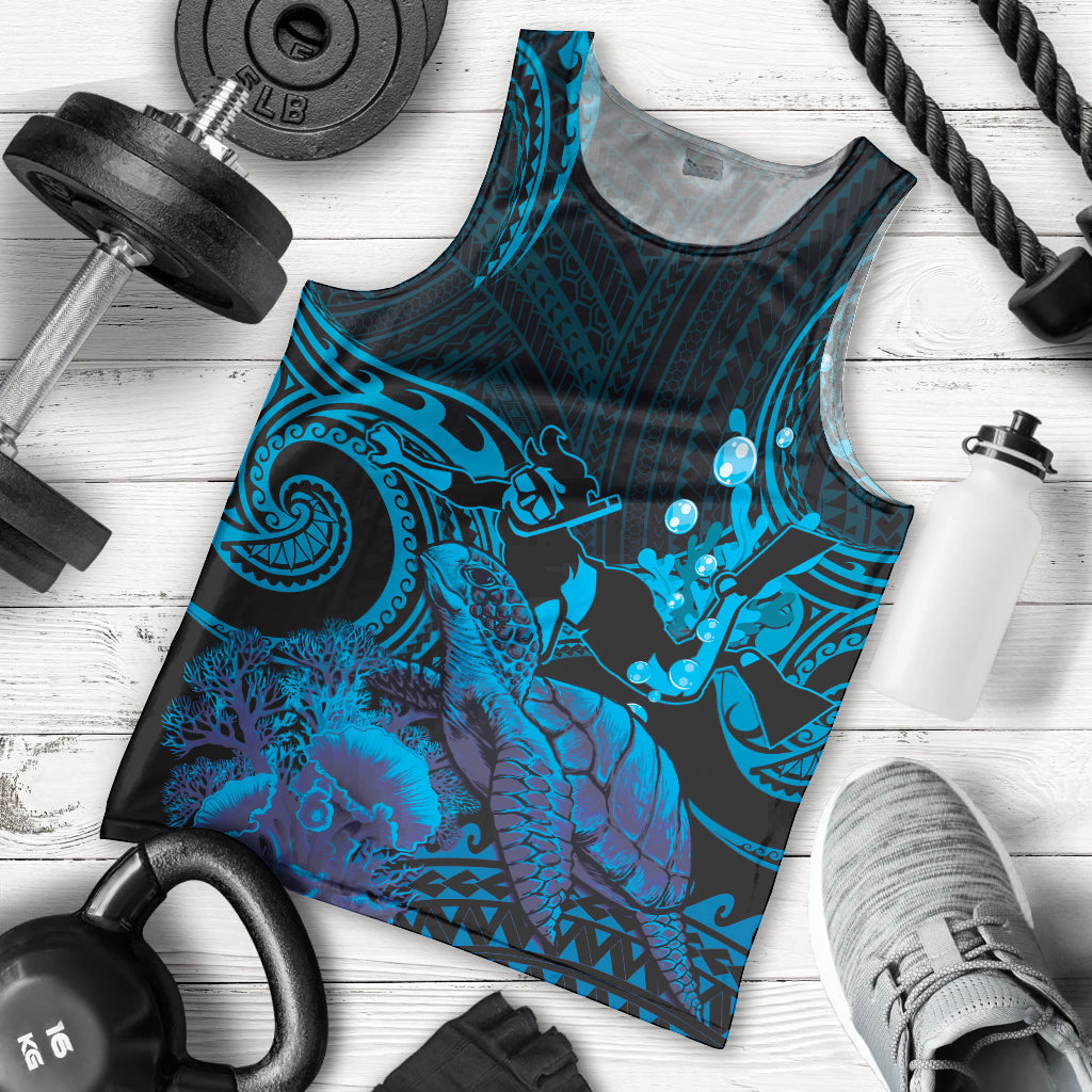 Blue Aloha Hawaii Men Tank Top Snorkeling With Sea Turtle Polynesian Pattern