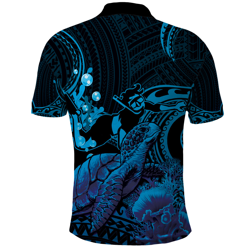Blue Aloha Hawaii Polo Shirt Snorkeling With Sea Turtle Polynesian Pattern