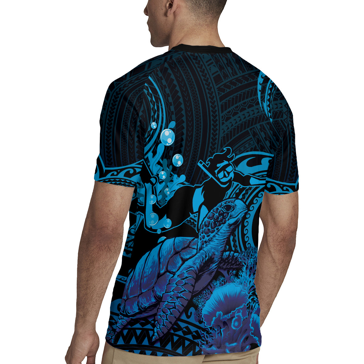 Blue Aloha Hawaii Rugby Jersey Snorkeling With Sea Turtle Polynesian Pattern