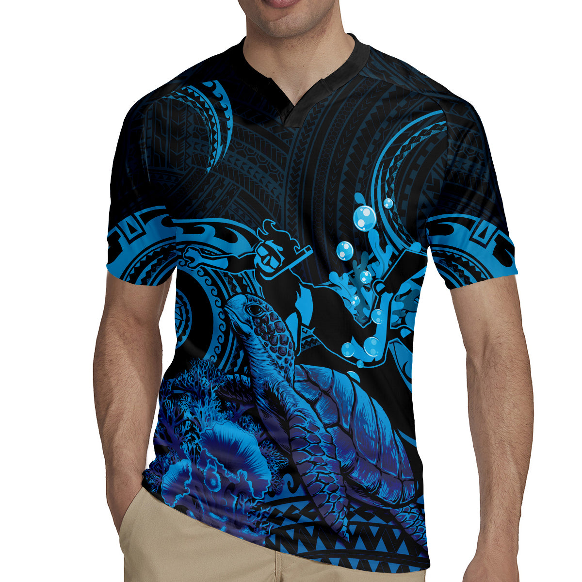 Blue Aloha Hawaii Rugby Jersey Snorkeling With Sea Turtle Polynesian Pattern