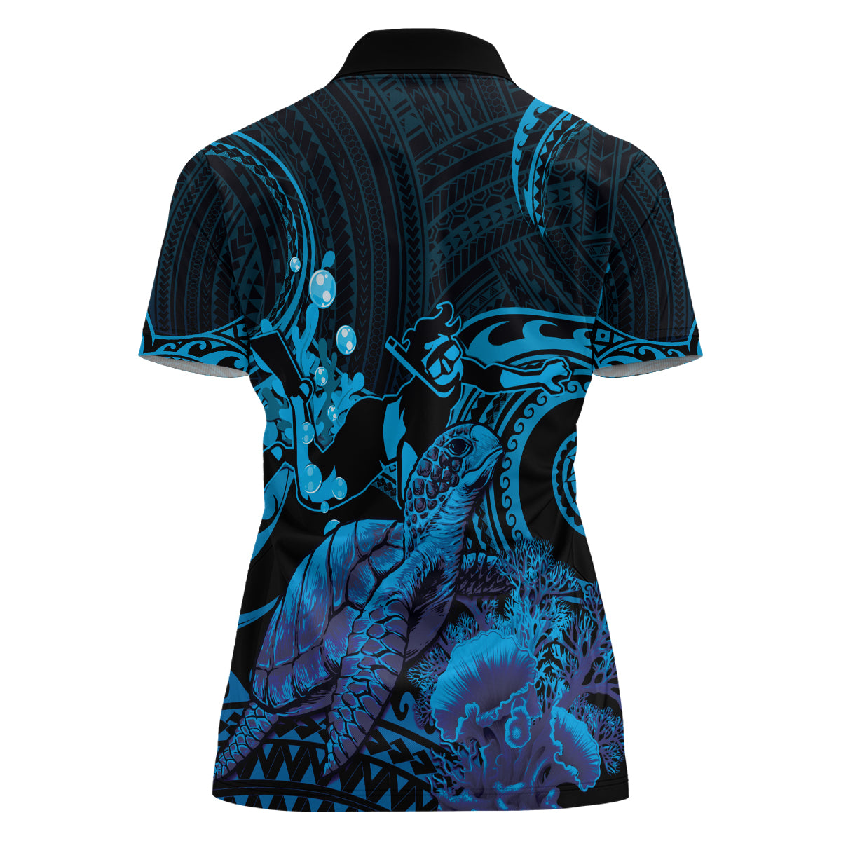 Blue Aloha Hawaii Women Polo Shirt Snorkeling With Sea Turtle Polynesian Pattern