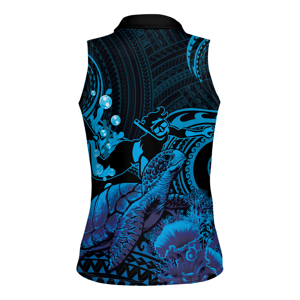Blue Aloha Hawaii Women Sleeveless Polo Shirt Snorkeling With Sea Turtle Polynesian Pattern