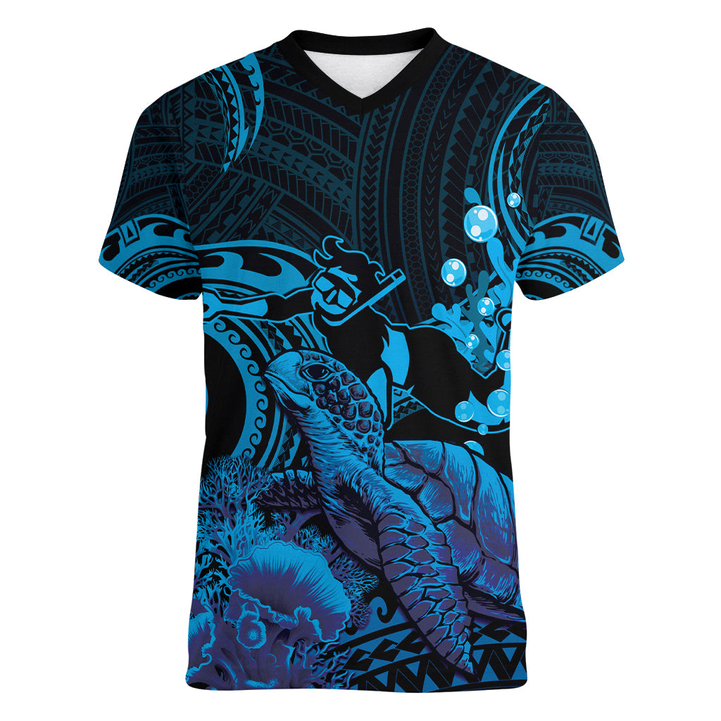 Blue Aloha Hawaii Women V-Neck T-Shirt Snorkeling With Sea Turtle Polynesian Pattern