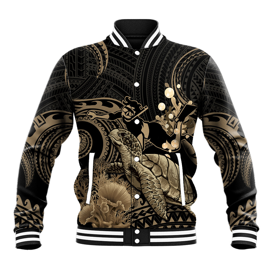 Gold Aloha Hawaii Baseball Jacket Snorkeling With Sea Turtle Polynesian Pattern