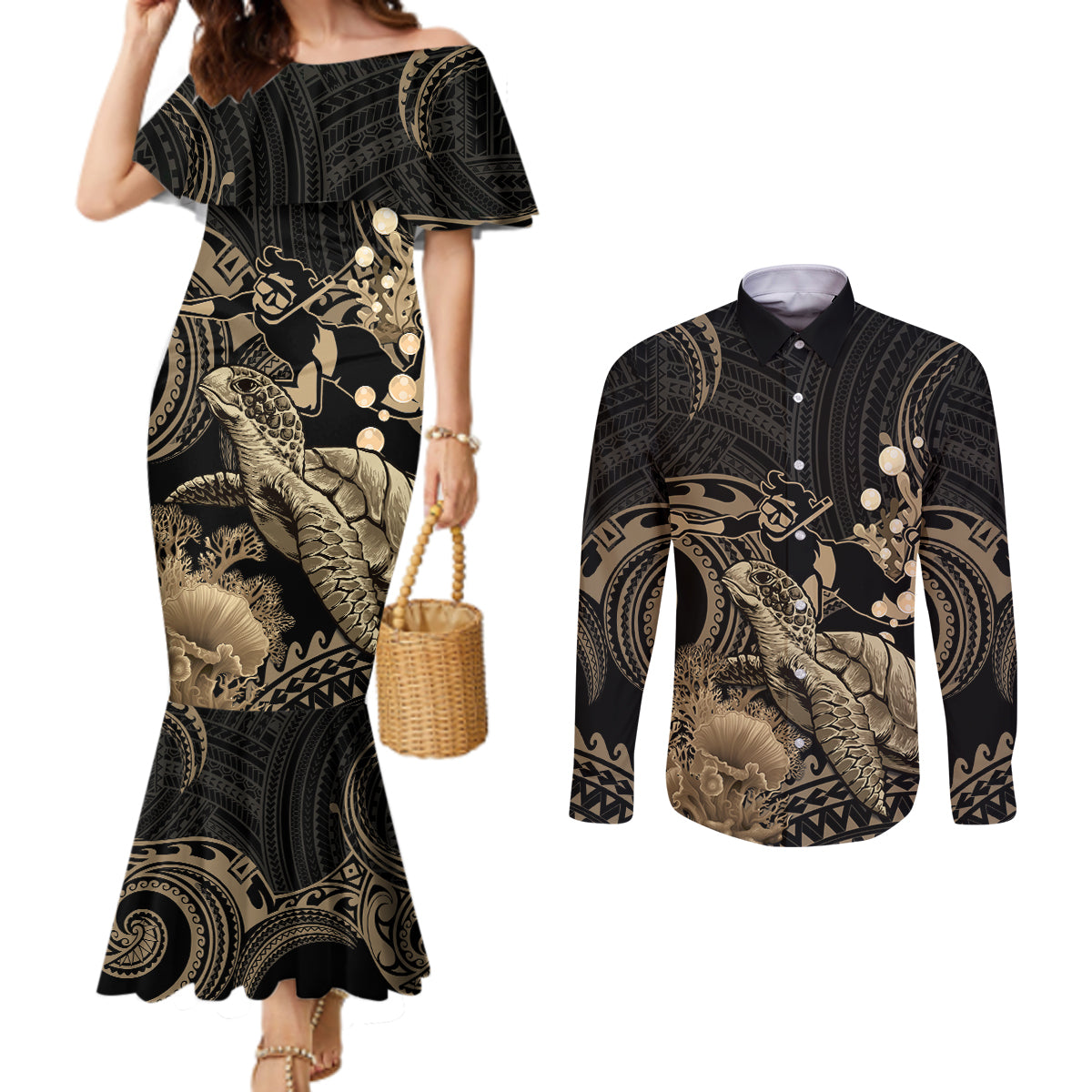 Gold Aloha Hawaii Couples Matching Mermaid Dress and Long Sleeve Button Shirt Snorkeling With Sea Turtle Polynesian Pattern