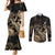 Gold Aloha Hawaii Couples Matching Mermaid Dress and Long Sleeve Button Shirt Snorkeling With Sea Turtle Polynesian Pattern