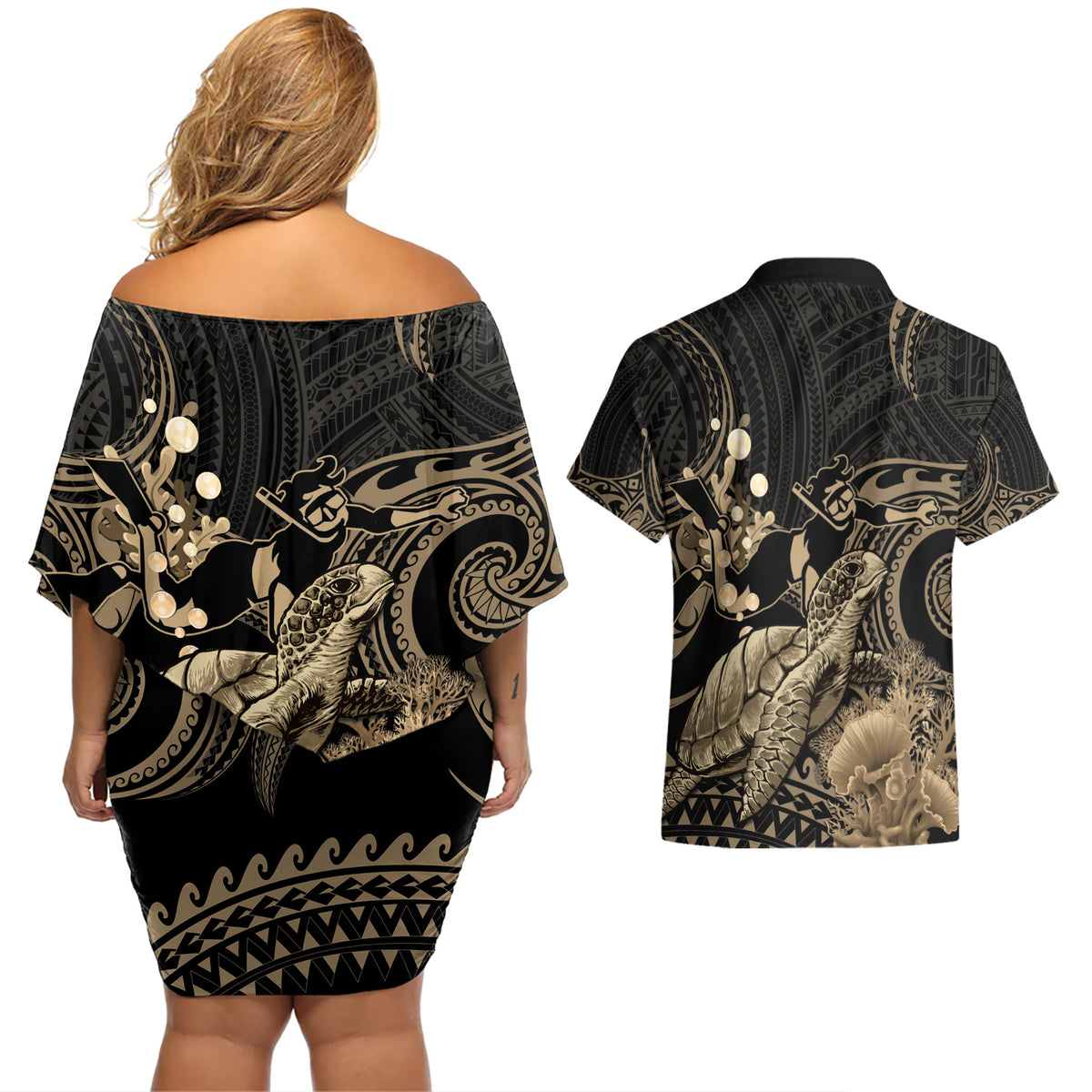 Gold Aloha Hawaii Couples Matching Off Shoulder Short Dress and Hawaiian Shirt Snorkeling With Sea Turtle Polynesian Pattern