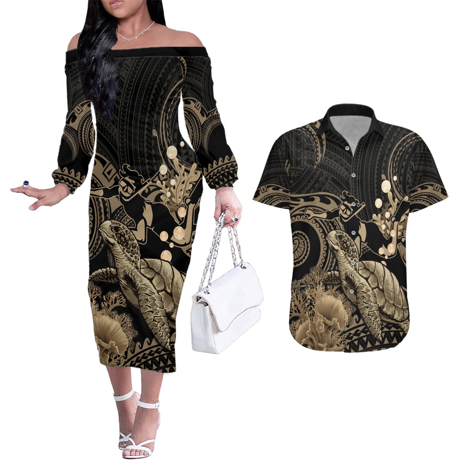 Gold Aloha Hawaii Couples Matching Off The Shoulder Long Sleeve Dress and Hawaiian Shirt Snorkeling With Sea Turtle Polynesian Pattern