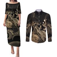 Gold Aloha Hawaii Couples Matching Puletasi and Long Sleeve Button Shirt Snorkeling With Sea Turtle Polynesian Pattern