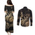 Gold Aloha Hawaii Couples Matching Puletasi and Long Sleeve Button Shirt Snorkeling With Sea Turtle Polynesian Pattern