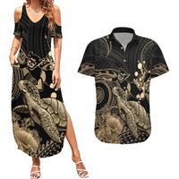 Gold Aloha Hawaii Couples Matching Summer Maxi Dress and Hawaiian Shirt Snorkeling With Sea Turtle Polynesian Pattern