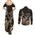 Gold Aloha Hawaii Couples Matching Summer Maxi Dress and Long Sleeve Button Shirt Snorkeling With Sea Turtle Polynesian Pattern