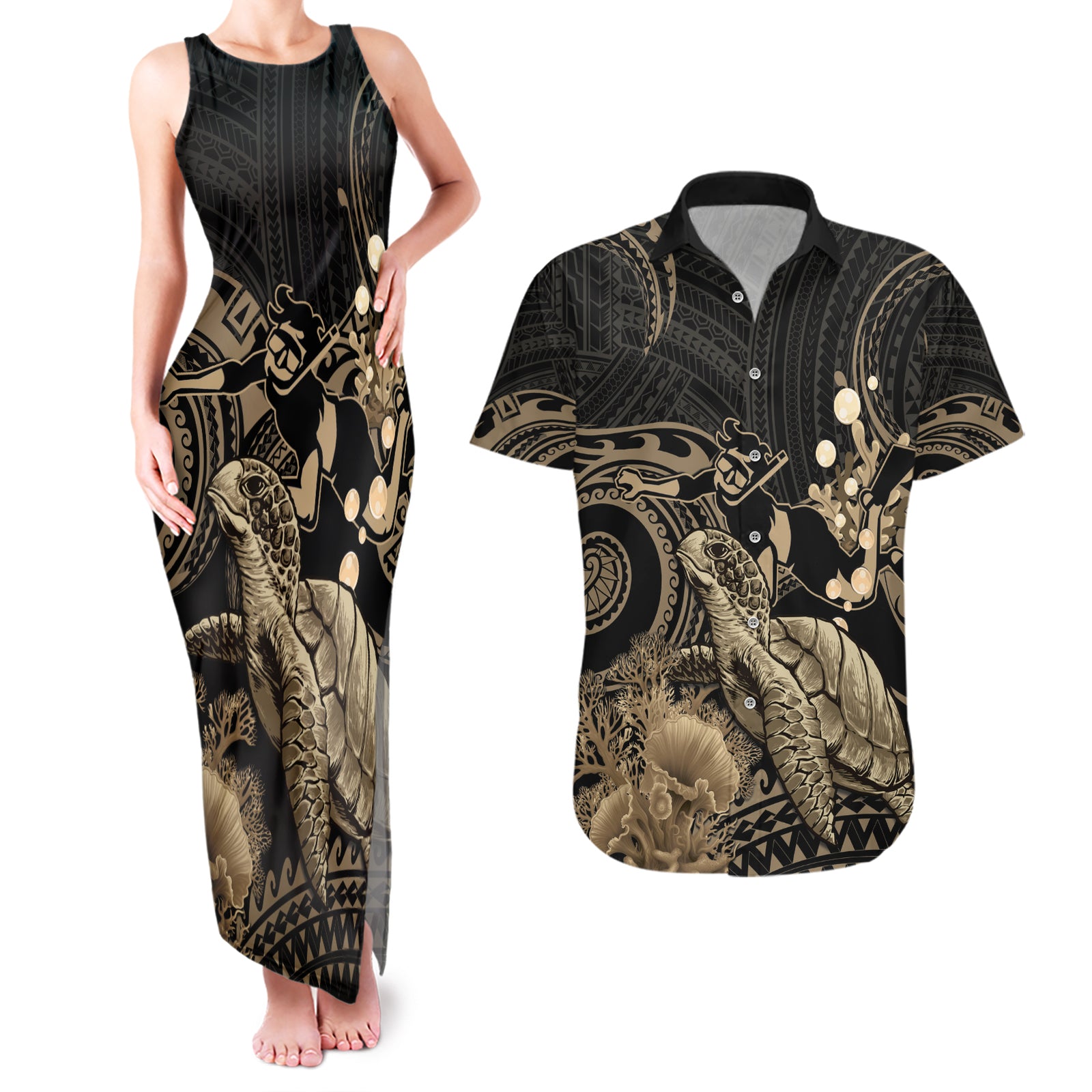 Gold Aloha Hawaii Couples Matching Tank Maxi Dress and Hawaiian Shirt Snorkeling With Sea Turtle Polynesian Pattern