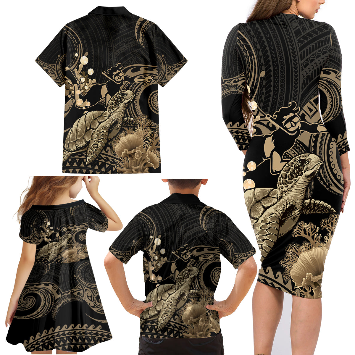 Gold Aloha Hawaii Family Matching Long Sleeve Bodycon Dress and Hawaiian Shirt Snorkeling With Sea Turtle Polynesian Pattern