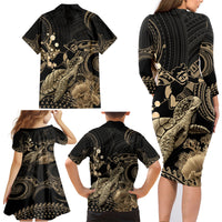 Gold Aloha Hawaii Family Matching Long Sleeve Bodycon Dress and Hawaiian Shirt Snorkeling With Sea Turtle Polynesian Pattern