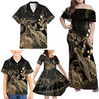 Gold Aloha Hawaii Family Matching Off Shoulder Maxi Dress and Hawaiian Shirt Snorkeling With Sea Turtle Polynesian Pattern