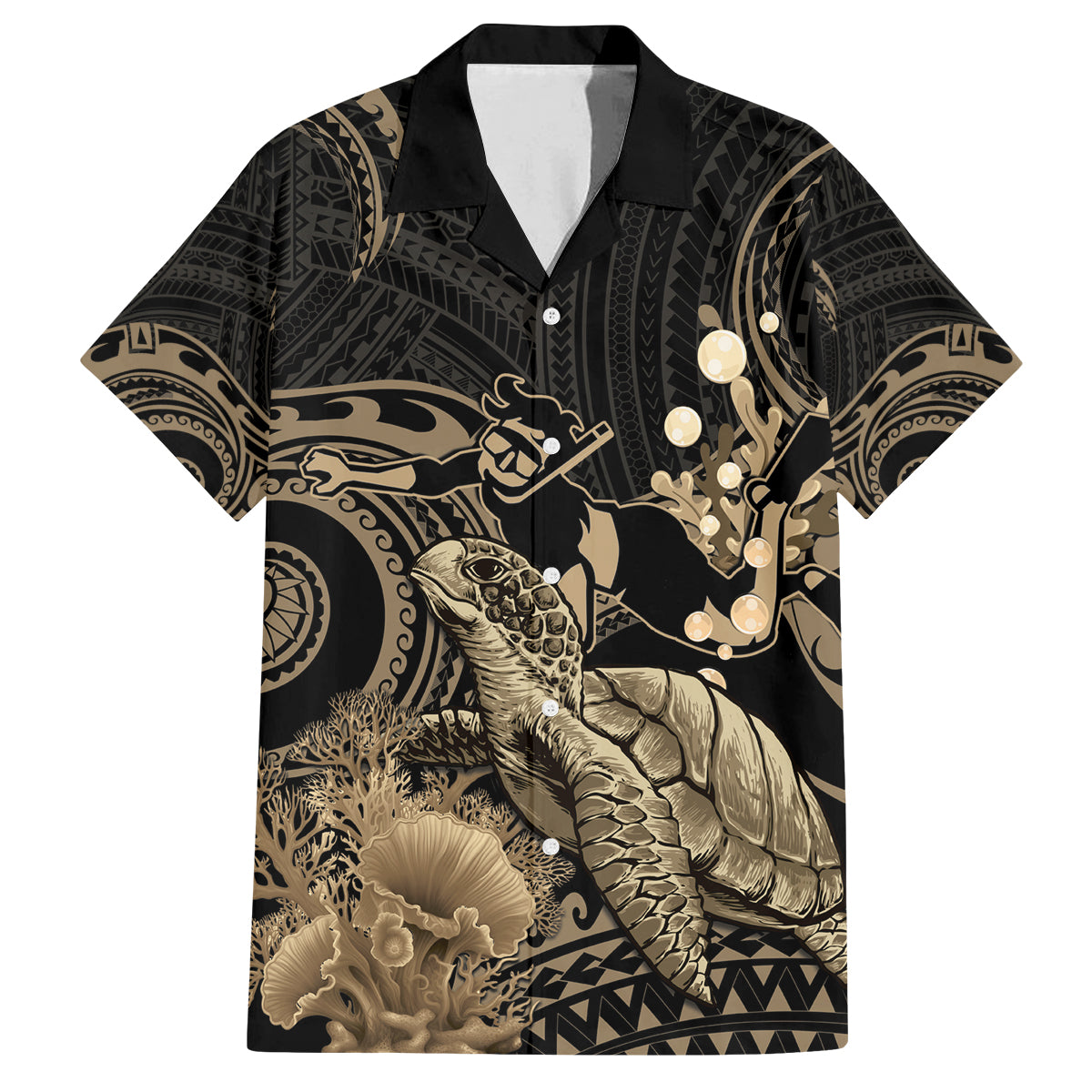 Gold Aloha Hawaii Family Matching Off Shoulder Short Dress and Hawaiian Shirt Snorkeling With Sea Turtle Polynesian Pattern