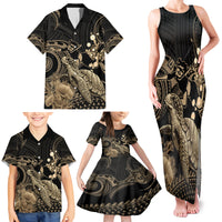 Gold Aloha Hawaii Family Matching Tank Maxi Dress and Hawaiian Shirt Snorkeling With Sea Turtle Polynesian Pattern