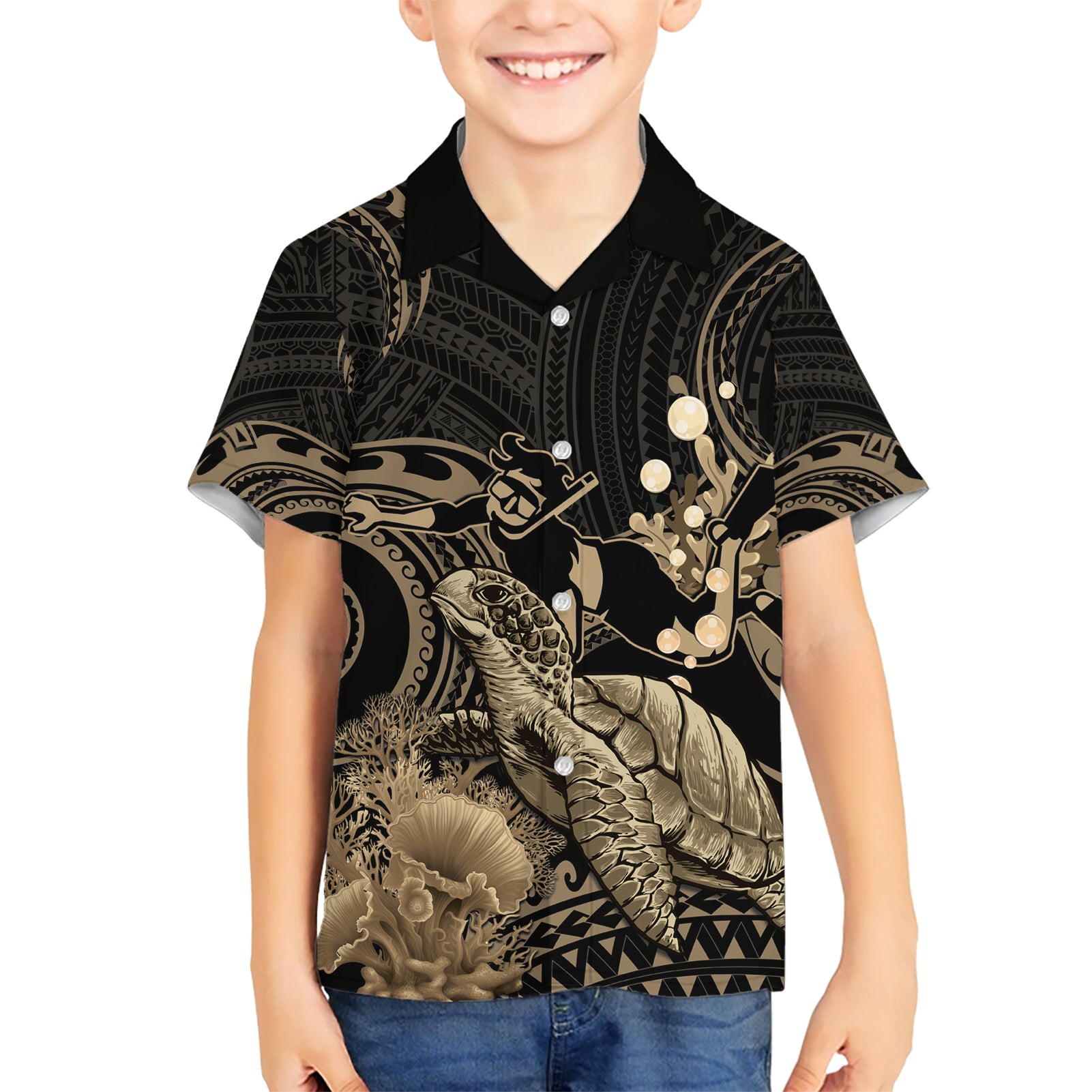 Gold Aloha Hawaii Kid Hawaiian Shirt Snorkeling With Sea Turtle Polynesian Pattern