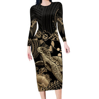 Gold Aloha Hawaii Long Sleeve Bodycon Dress Snorkeling With Sea Turtle Polynesian Pattern
