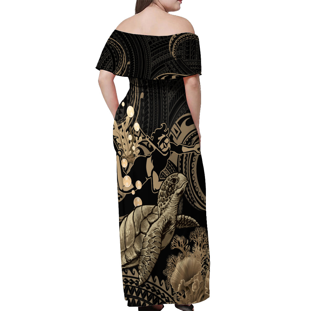 Gold Aloha Hawaii Off Shoulder Maxi Dress Snorkeling With Sea Turtle Polynesian Pattern