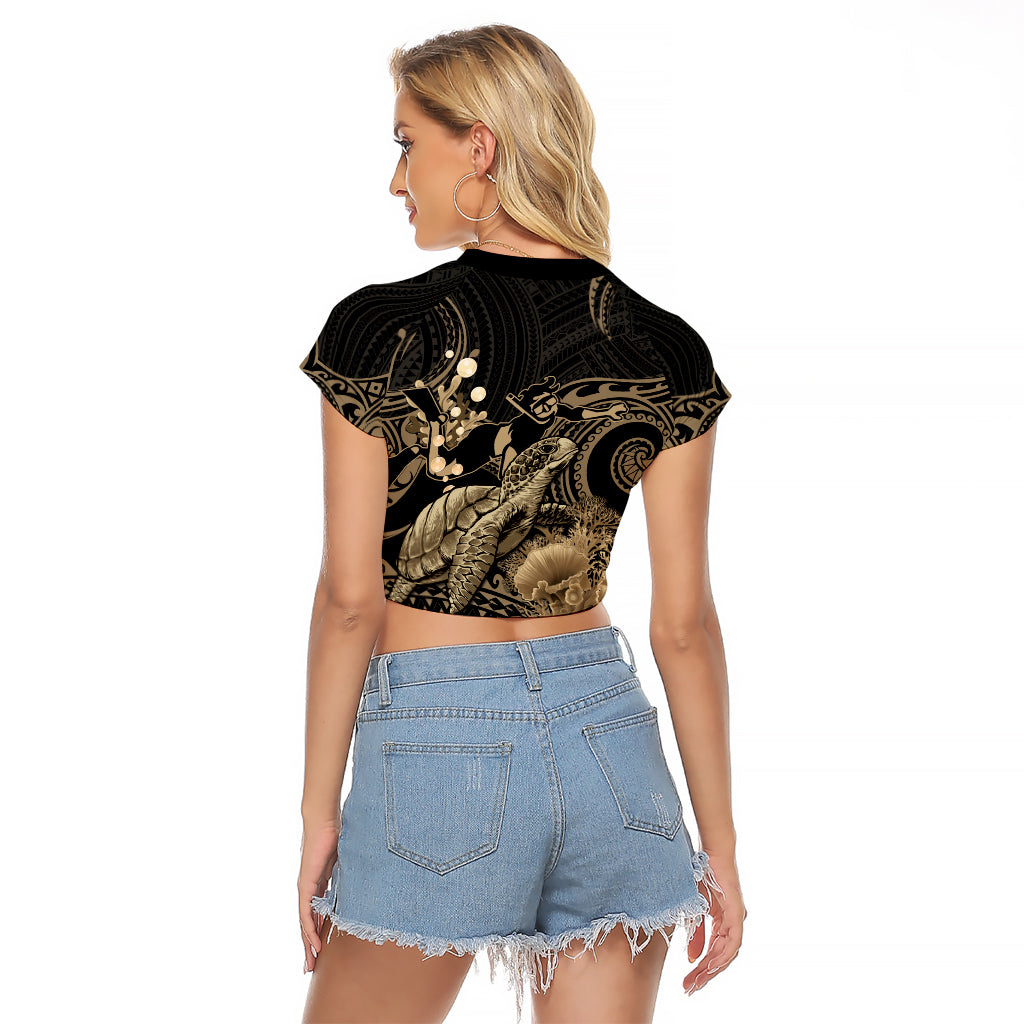 Gold Aloha Hawaii Raglan Cropped T Shirt Snorkeling With Sea Turtle Polynesian Pattern