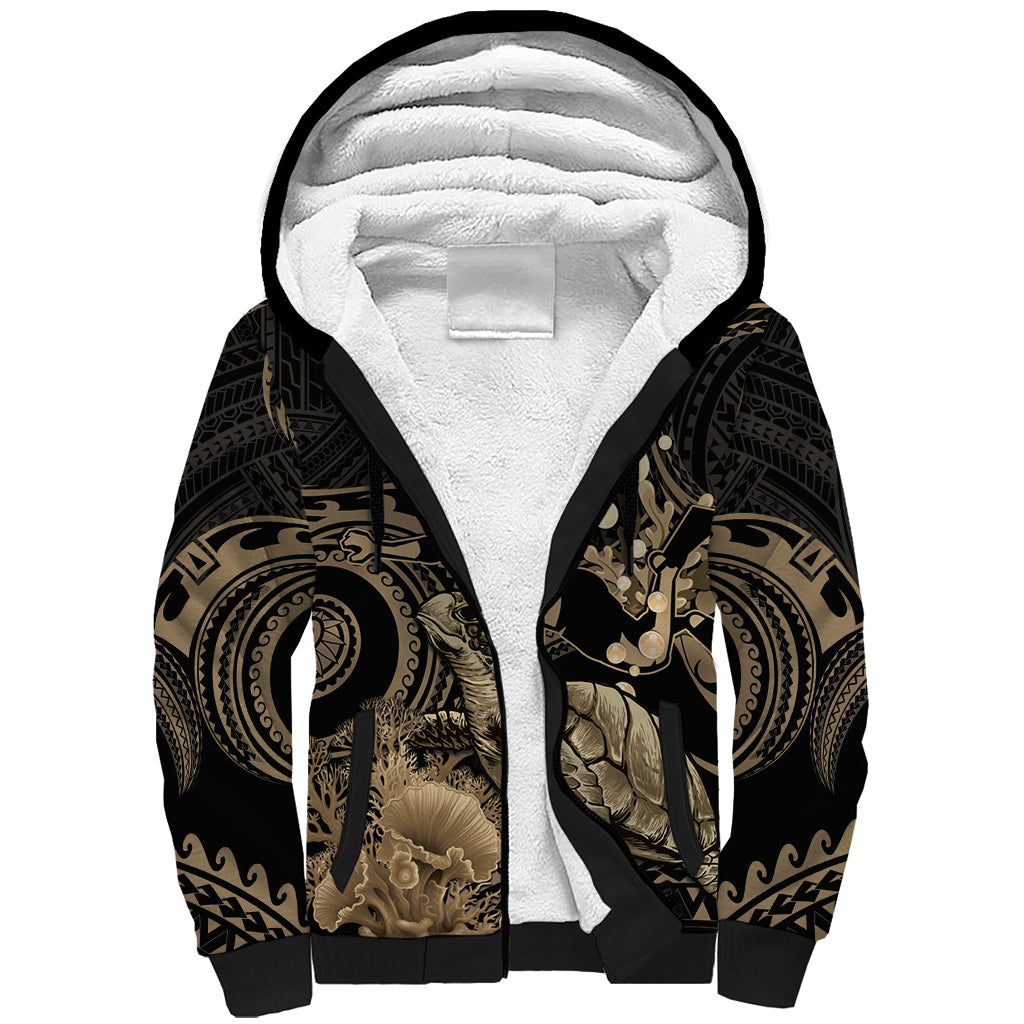 Gold Aloha Hawaii Sherpa Hoodie Snorkeling With Sea Turtle Polynesian Pattern
