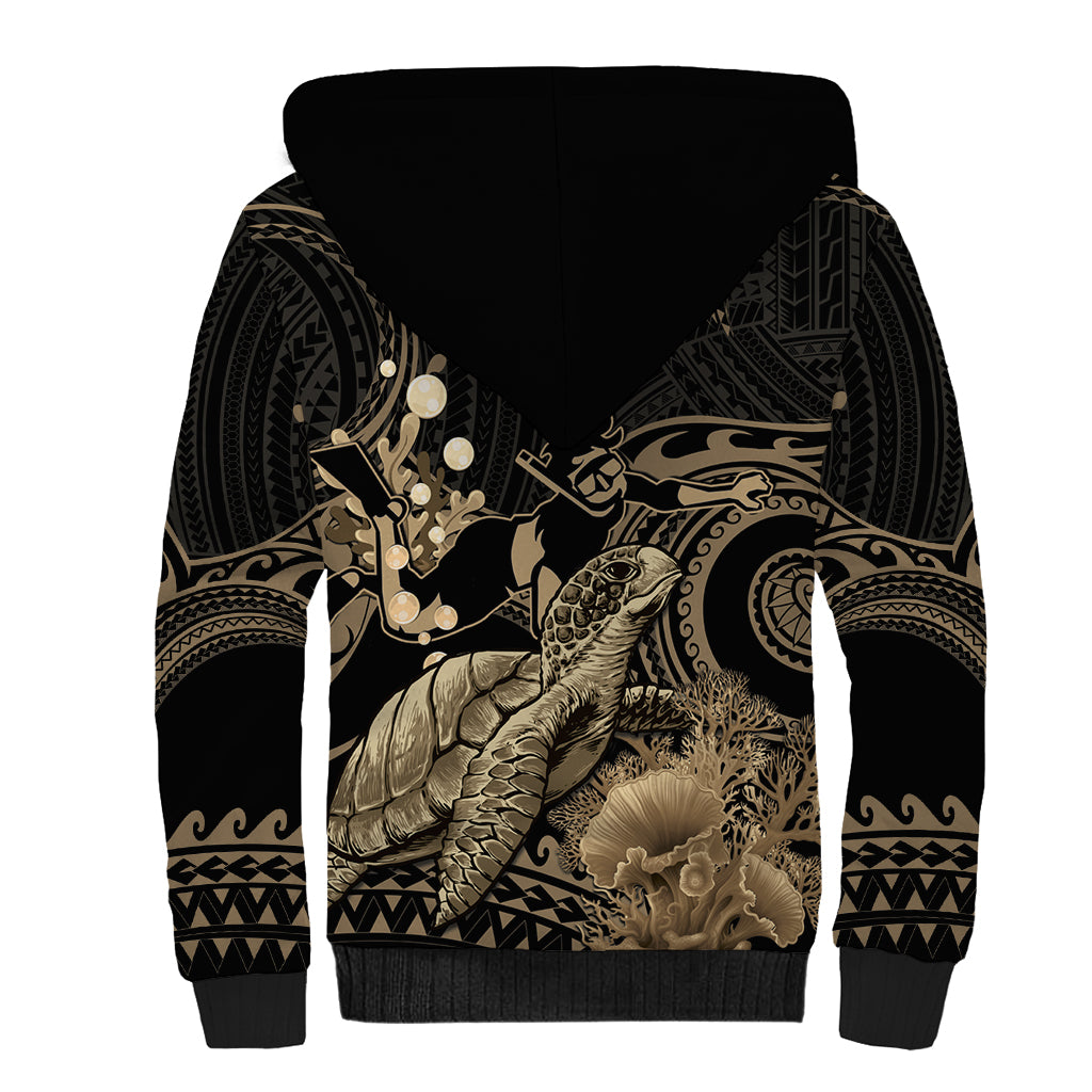Gold Aloha Hawaii Sherpa Hoodie Snorkeling With Sea Turtle Polynesian Pattern
