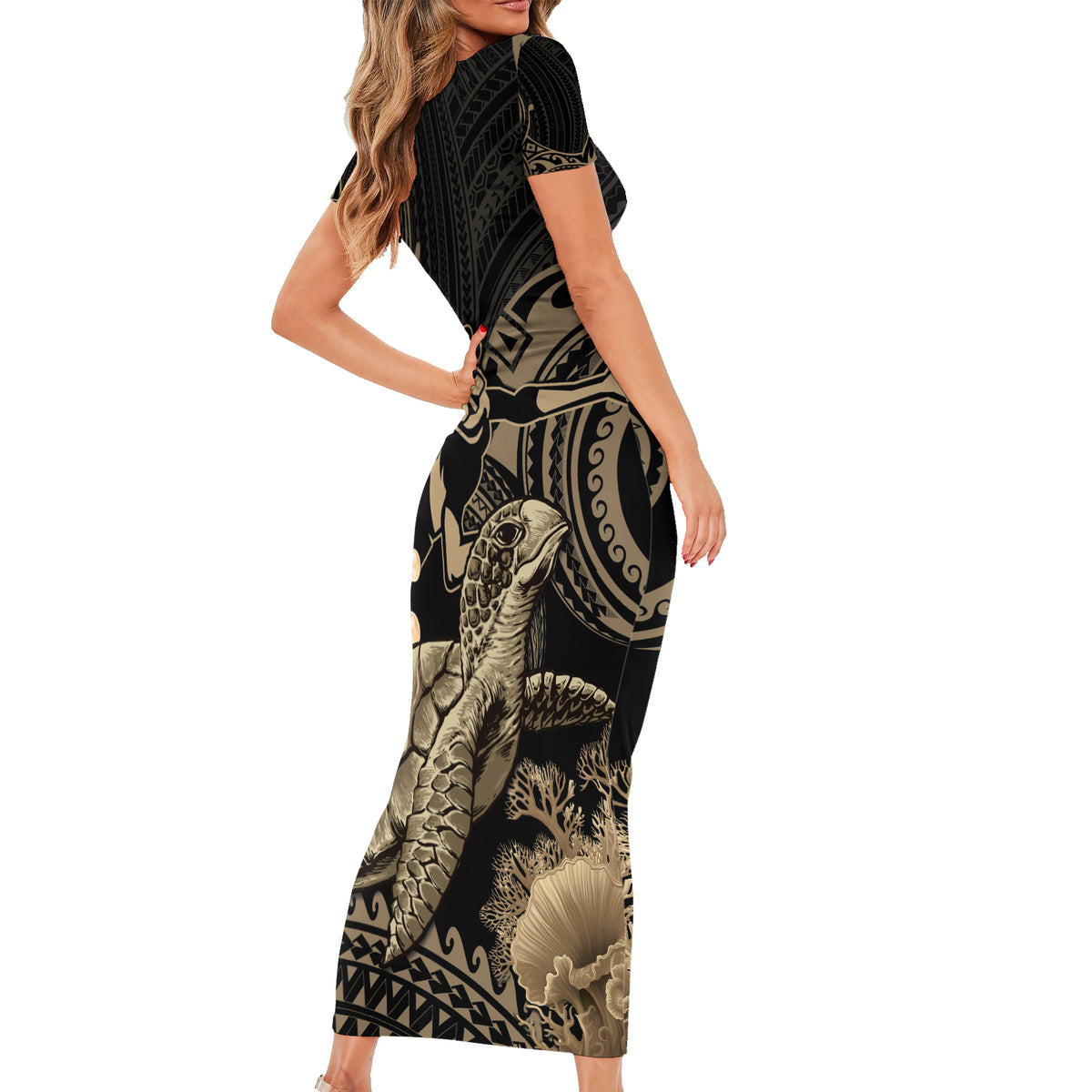 Gold Aloha Hawaii Short Sleeve Bodycon Dress Snorkeling With Sea Turtle Polynesian Pattern