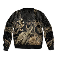 Gold Aloha Hawaii Sleeve Zip Bomber Jacket Snorkeling With Sea Turtle Polynesian Pattern