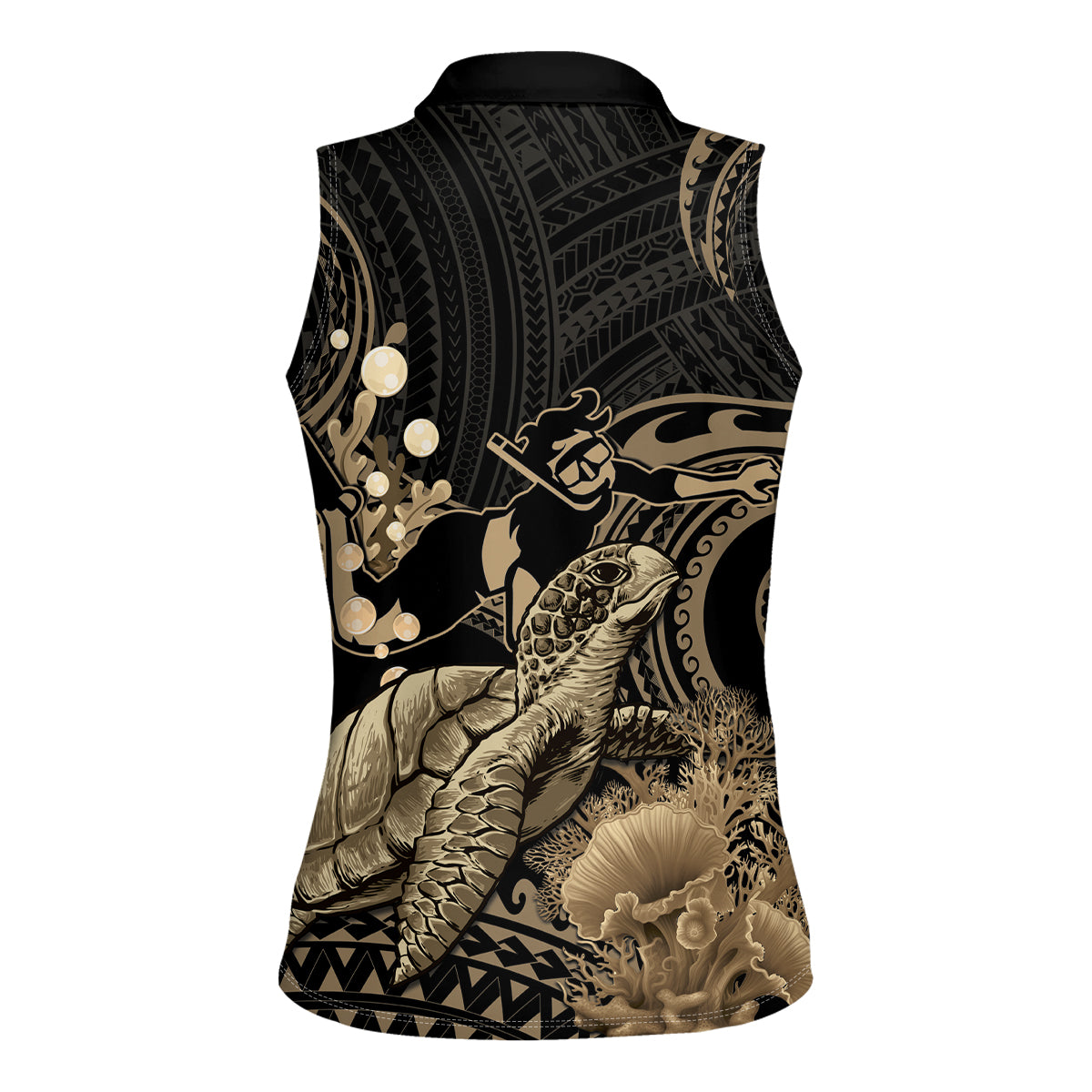 Gold Aloha Hawaii Women Sleeveless Polo Shirt Snorkeling With Sea Turtle Polynesian Pattern