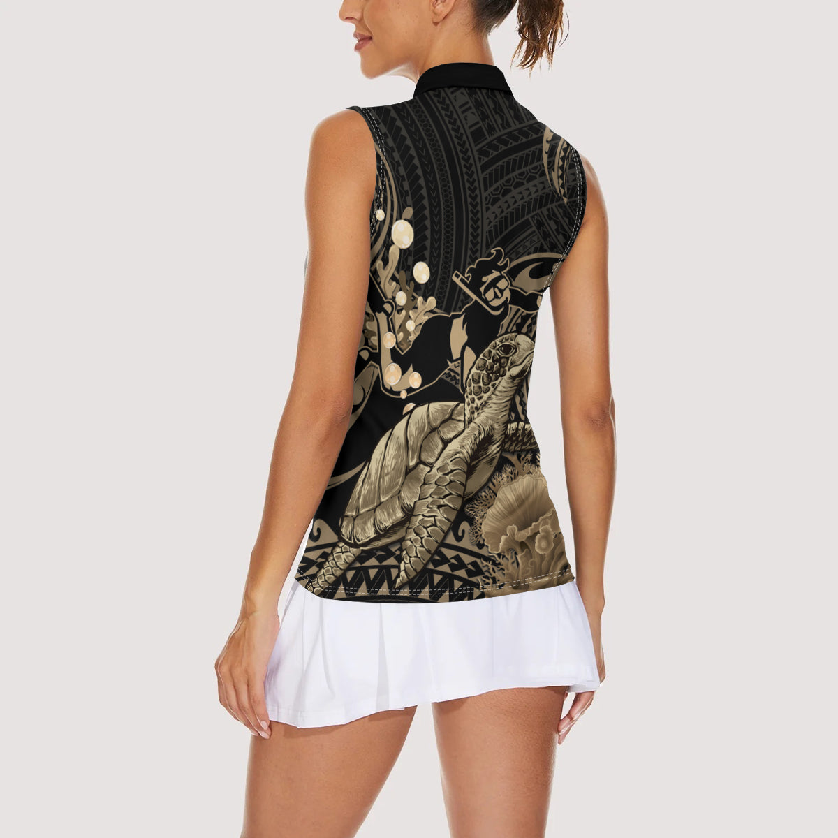 Gold Aloha Hawaii Women Sleeveless Polo Shirt Snorkeling With Sea Turtle Polynesian Pattern