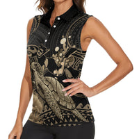 Gold Aloha Hawaii Women Sleeveless Polo Shirt Snorkeling With Sea Turtle Polynesian Pattern