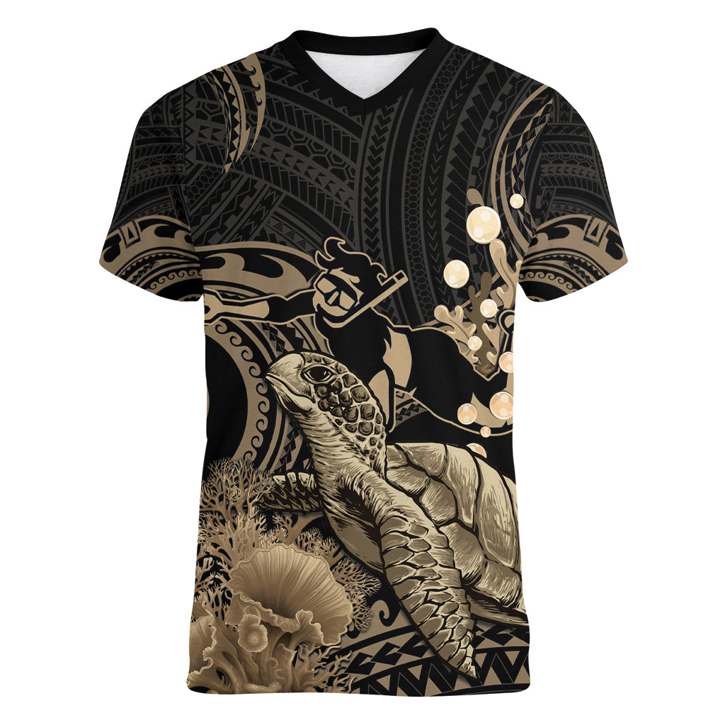 Gold Aloha Hawaii Women V-Neck T-Shirt Snorkeling With Sea Turtle Polynesian Pattern