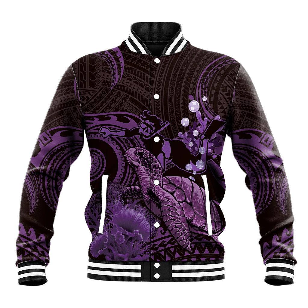 Purple Aloha Hawaii Baseball Jacket Snorkeling With Sea Turtle Polynesian Pattern