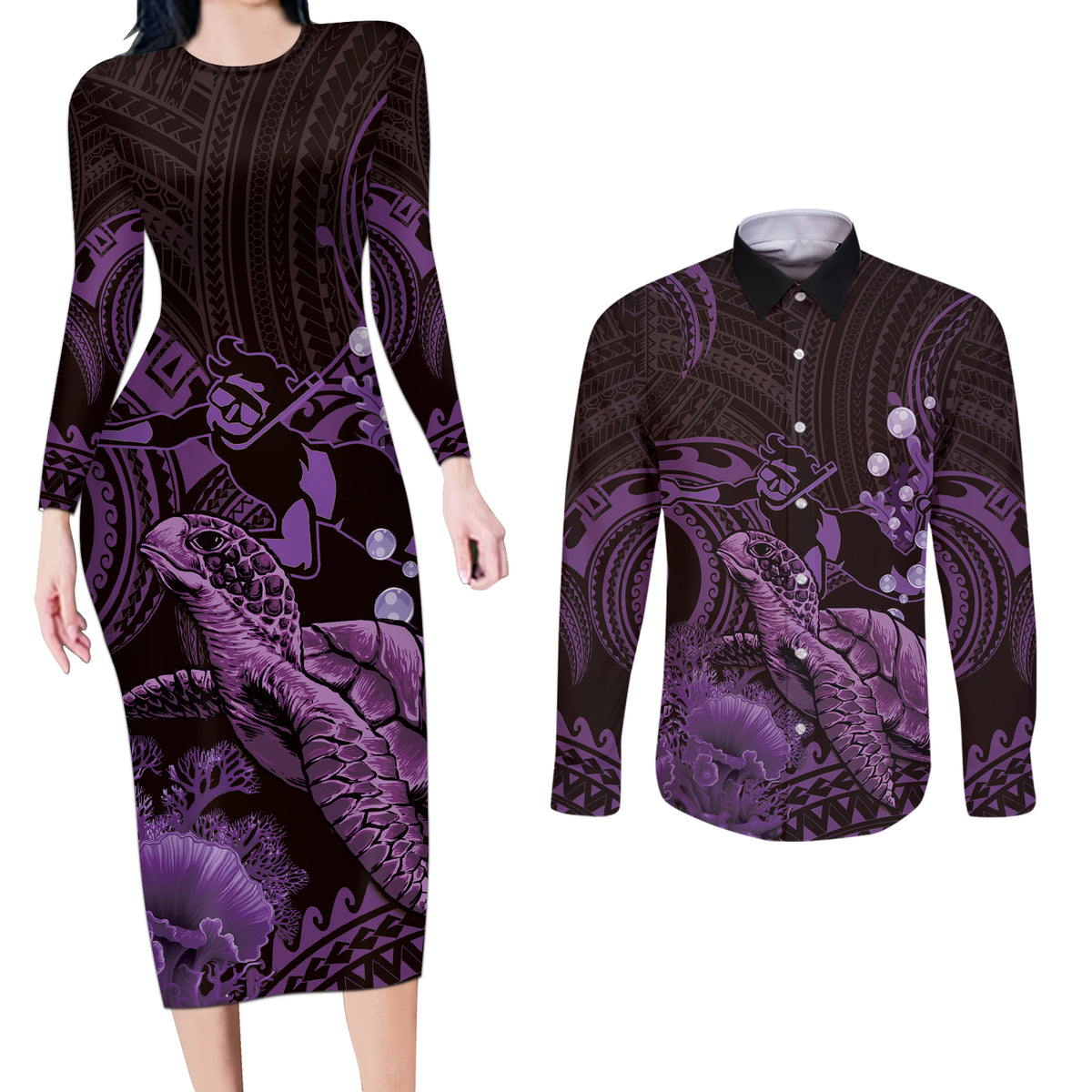 Purple Aloha Hawaii Couples Matching Long Sleeve Bodycon Dress and Long Sleeve Button Shirt Snorkeling With Sea Turtle Polynesian Pattern