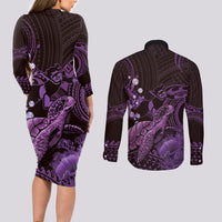 Purple Aloha Hawaii Couples Matching Long Sleeve Bodycon Dress and Long Sleeve Button Shirt Snorkeling With Sea Turtle Polynesian Pattern