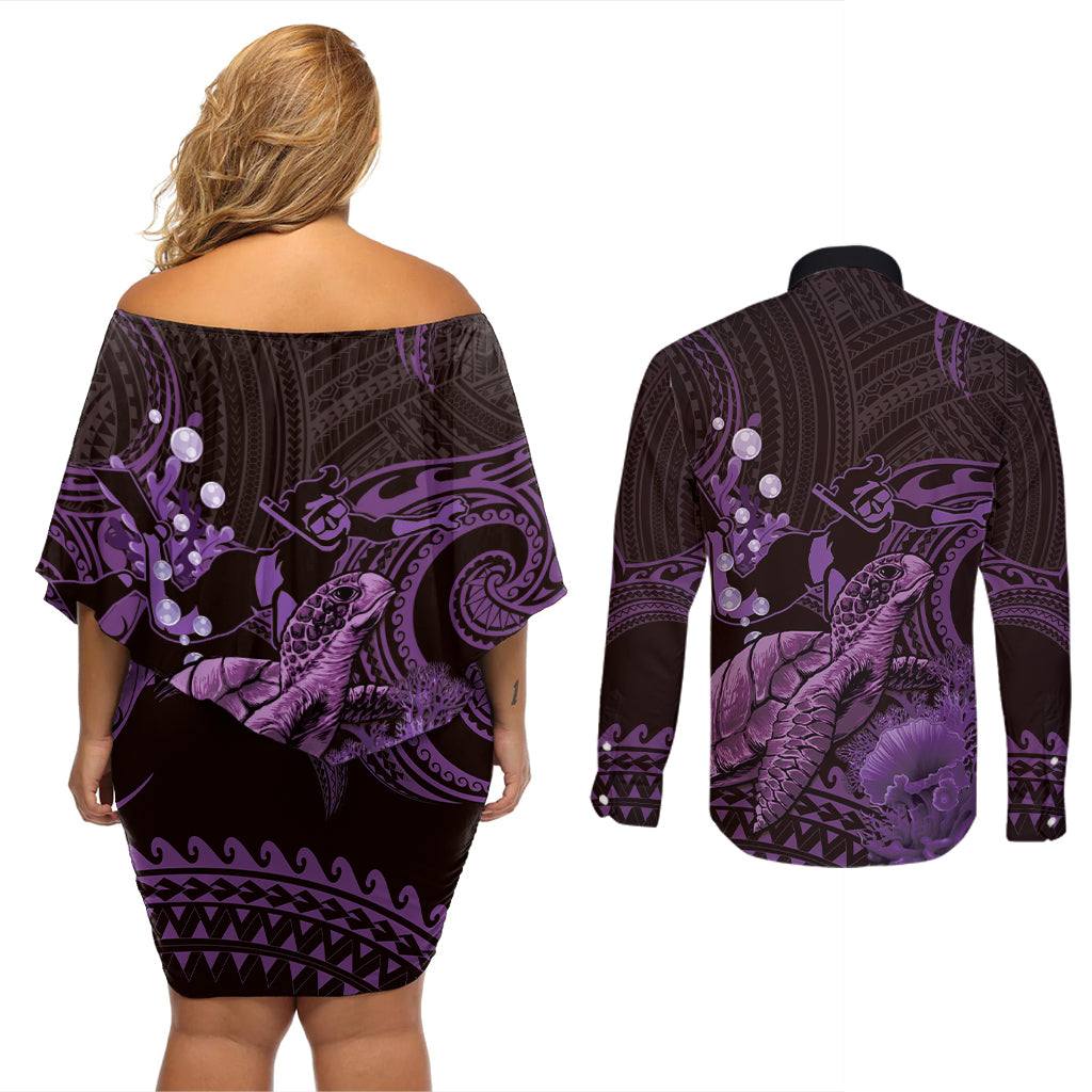 Purple Aloha Hawaii Couples Matching Off Shoulder Short Dress and Long Sleeve Button Shirt Snorkeling With Sea Turtle Polynesian Pattern