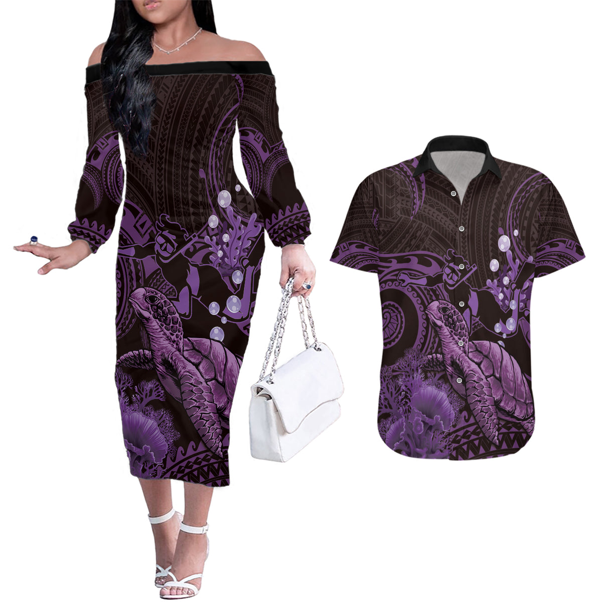 Purple Aloha Hawaii Couples Matching Off The Shoulder Long Sleeve Dress and Hawaiian Shirt Snorkeling With Sea Turtle Polynesian Pattern