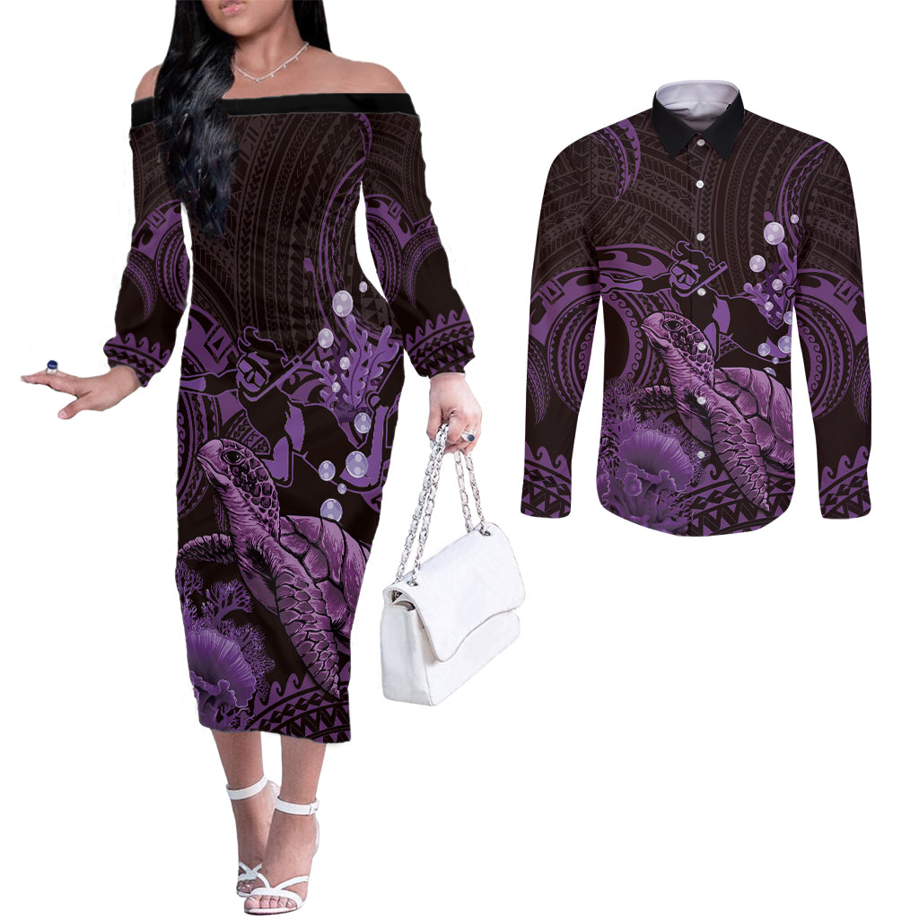 Purple Aloha Hawaii Couples Matching Off The Shoulder Long Sleeve Dress and Long Sleeve Button Shirt Snorkeling With Sea Turtle Polynesian Pattern