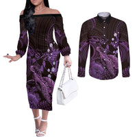 Purple Aloha Hawaii Couples Matching Off The Shoulder Long Sleeve Dress and Long Sleeve Button Shirt Snorkeling With Sea Turtle Polynesian Pattern