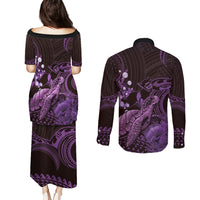 Purple Aloha Hawaii Couples Matching Puletasi and Long Sleeve Button Shirt Snorkeling With Sea Turtle Polynesian Pattern