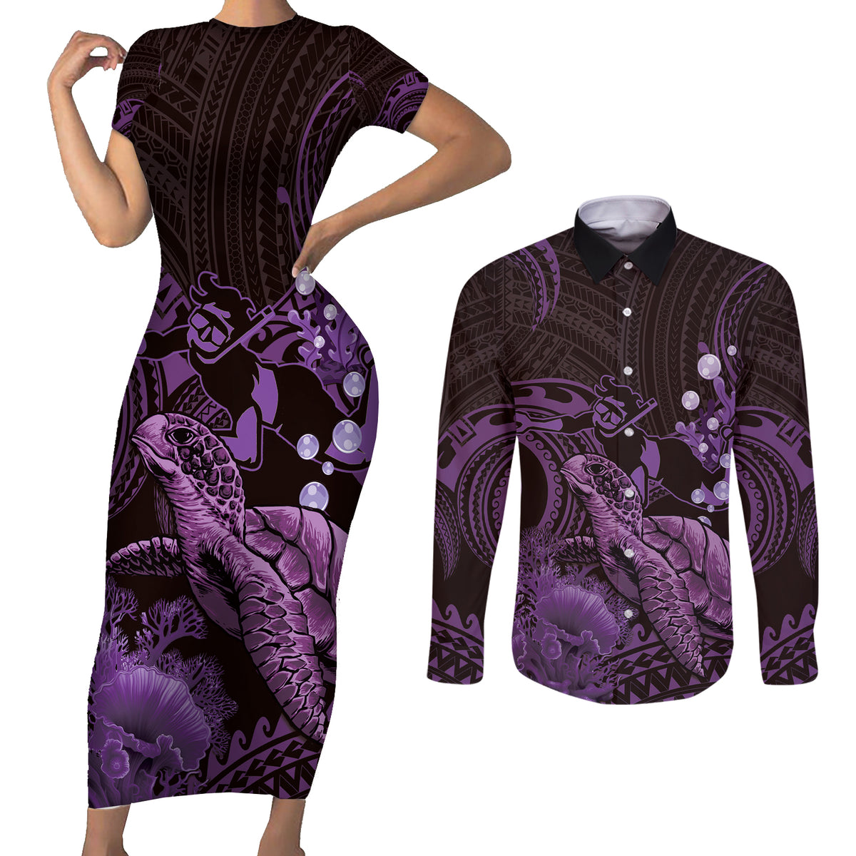 Purple Aloha Hawaii Couples Matching Short Sleeve Bodycon Dress and Long Sleeve Button Shirt Snorkeling With Sea Turtle Polynesian Pattern