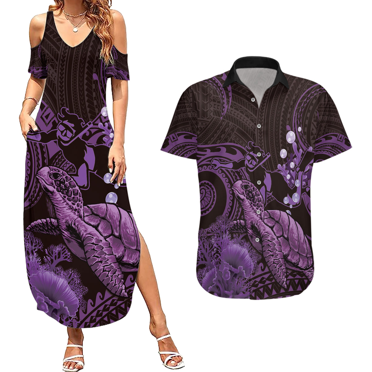 Purple Aloha Hawaii Couples Matching Summer Maxi Dress and Hawaiian Shirt Snorkeling With Sea Turtle Polynesian Pattern