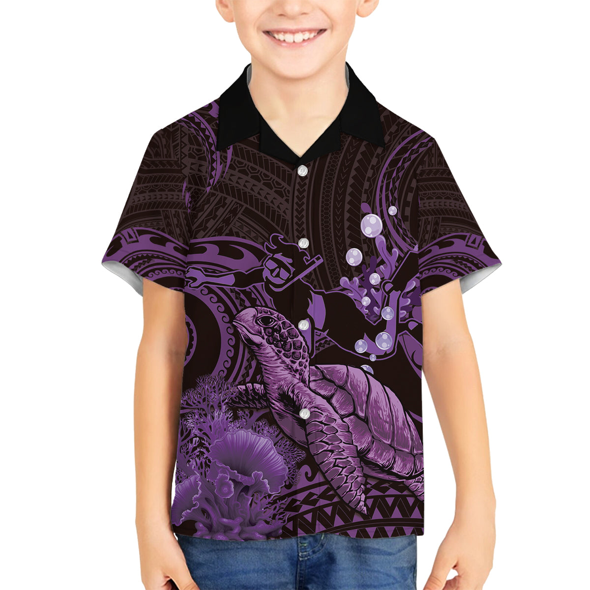Purple Aloha Hawaii Family Matching Summer Maxi Dress and Hawaiian Shirt Snorkeling With Sea Turtle Polynesian Pattern